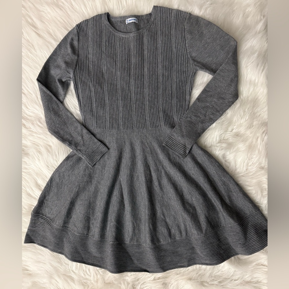 Mayoral Gray Long-Sleeve Ribbed Knit Fit-and-Flare Dress